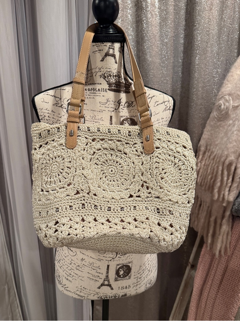 The Sak Cream Crochet Tote with Tan Leather Straps